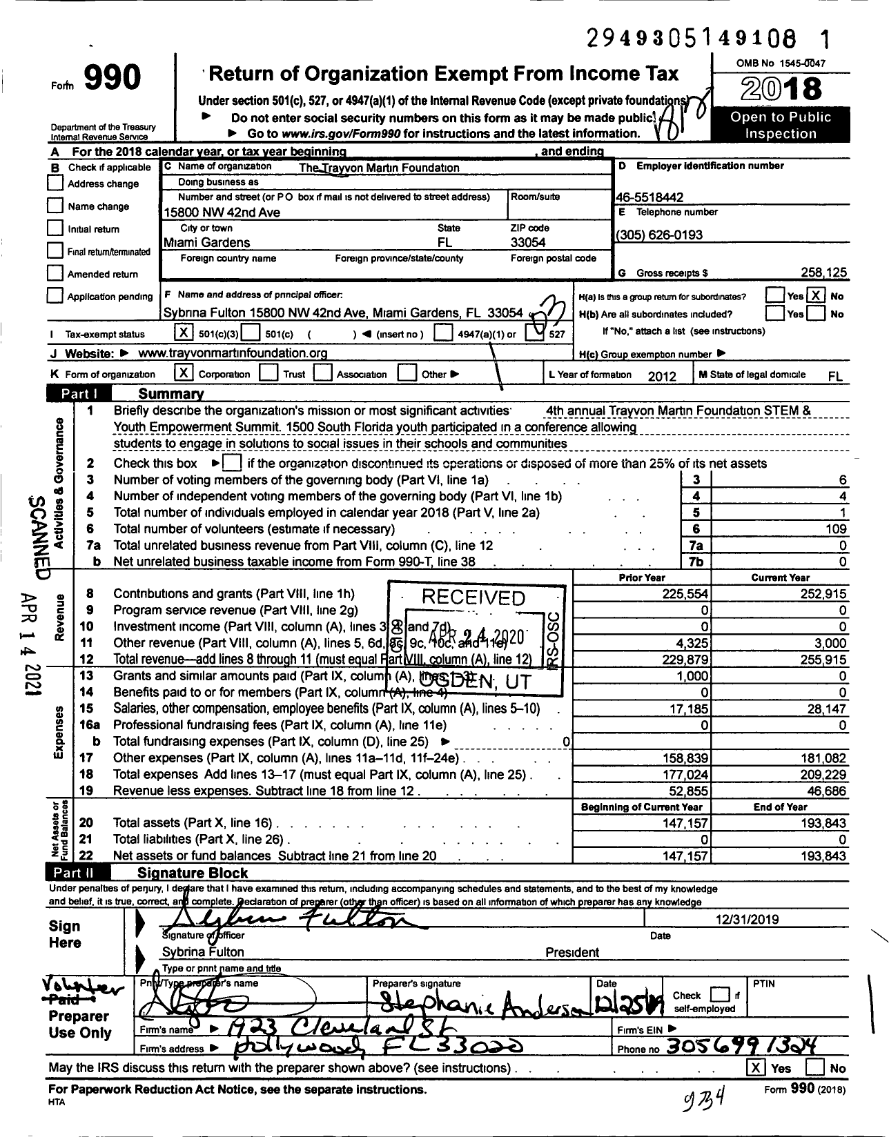 Image of first page of 2018 Form 990 for The Trayvon Martin Foundation