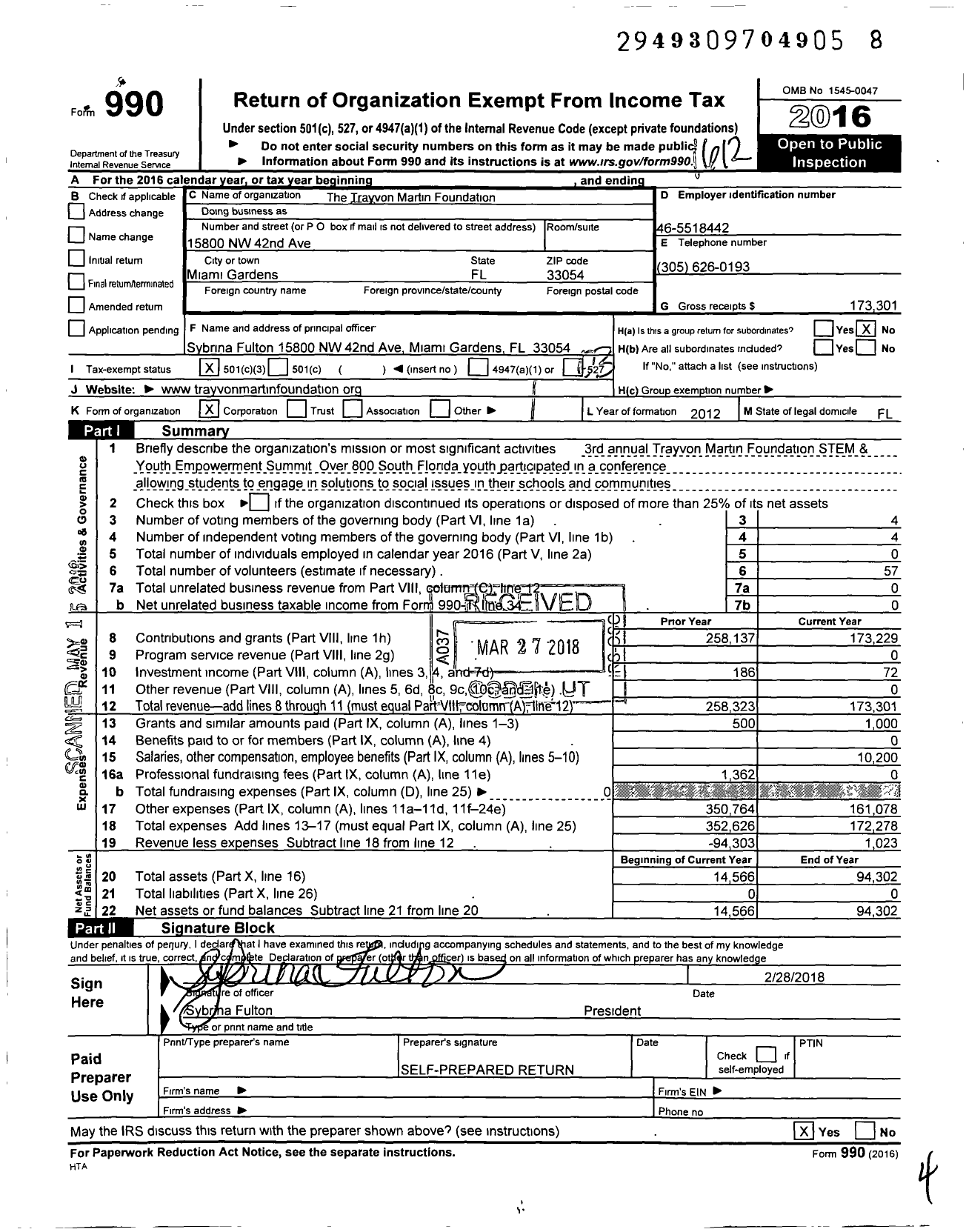 Image of first page of 2016 Form 990 for The Trayvon Martin Foundation