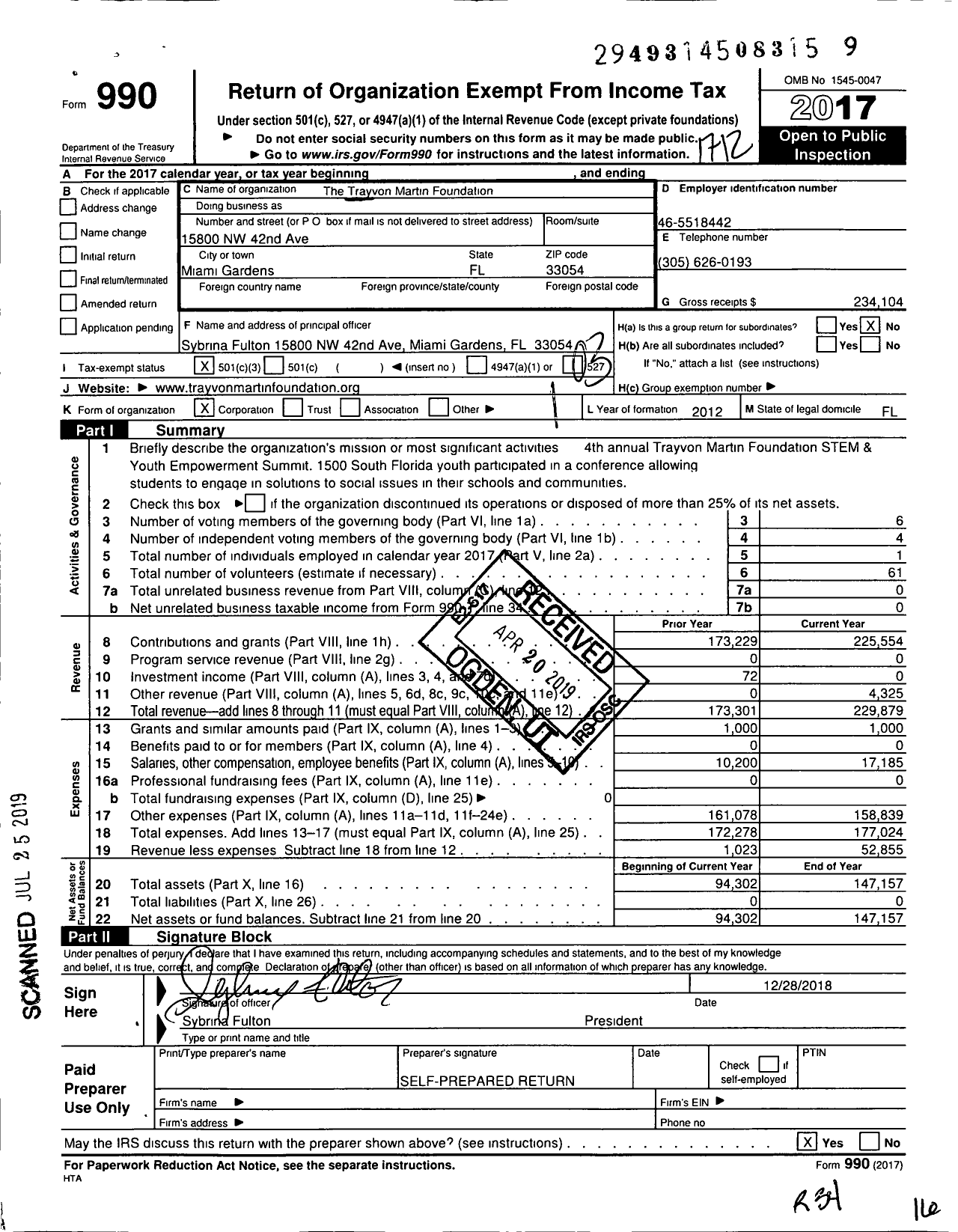 Image of first page of 2017 Form 990 for The Trayvon Martin Foundation