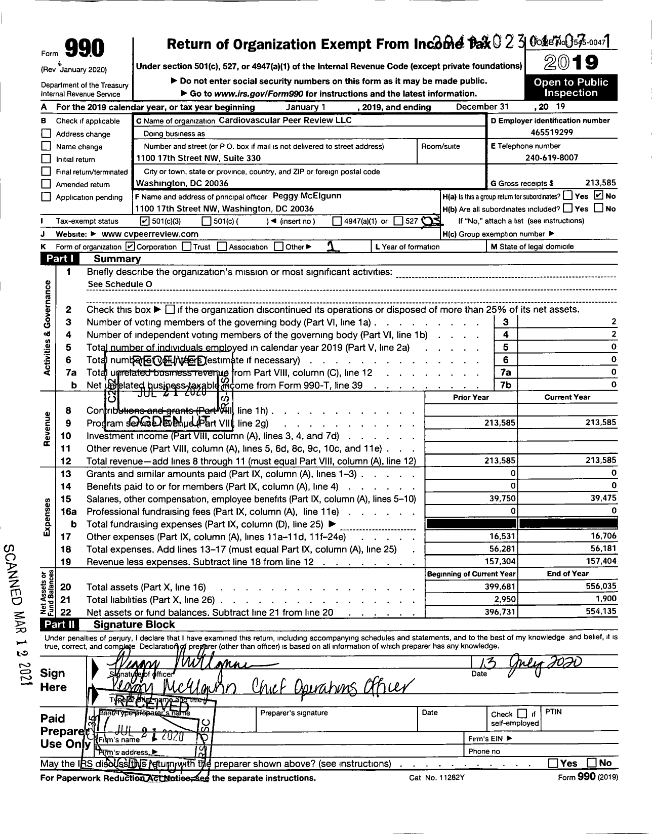 Image of first page of 2019 Form 990 for Cardiovascular Peer Review LLC