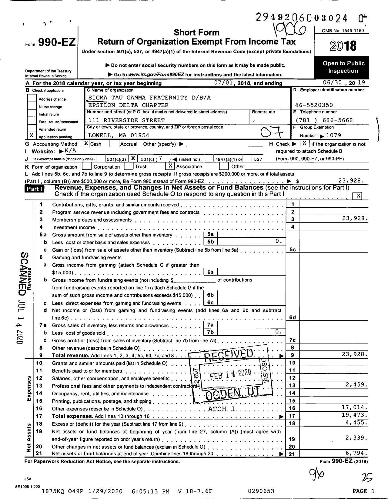 Image of first page of 2018 Form 990EO for Epsilon Delta