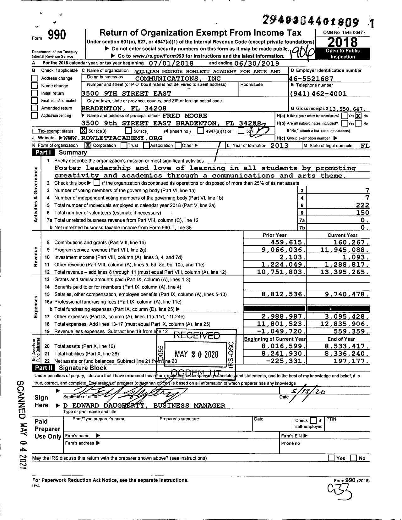 Image of first page of 2018 Form 990 for William Monroe Rowlett Academy for Arts and Communications