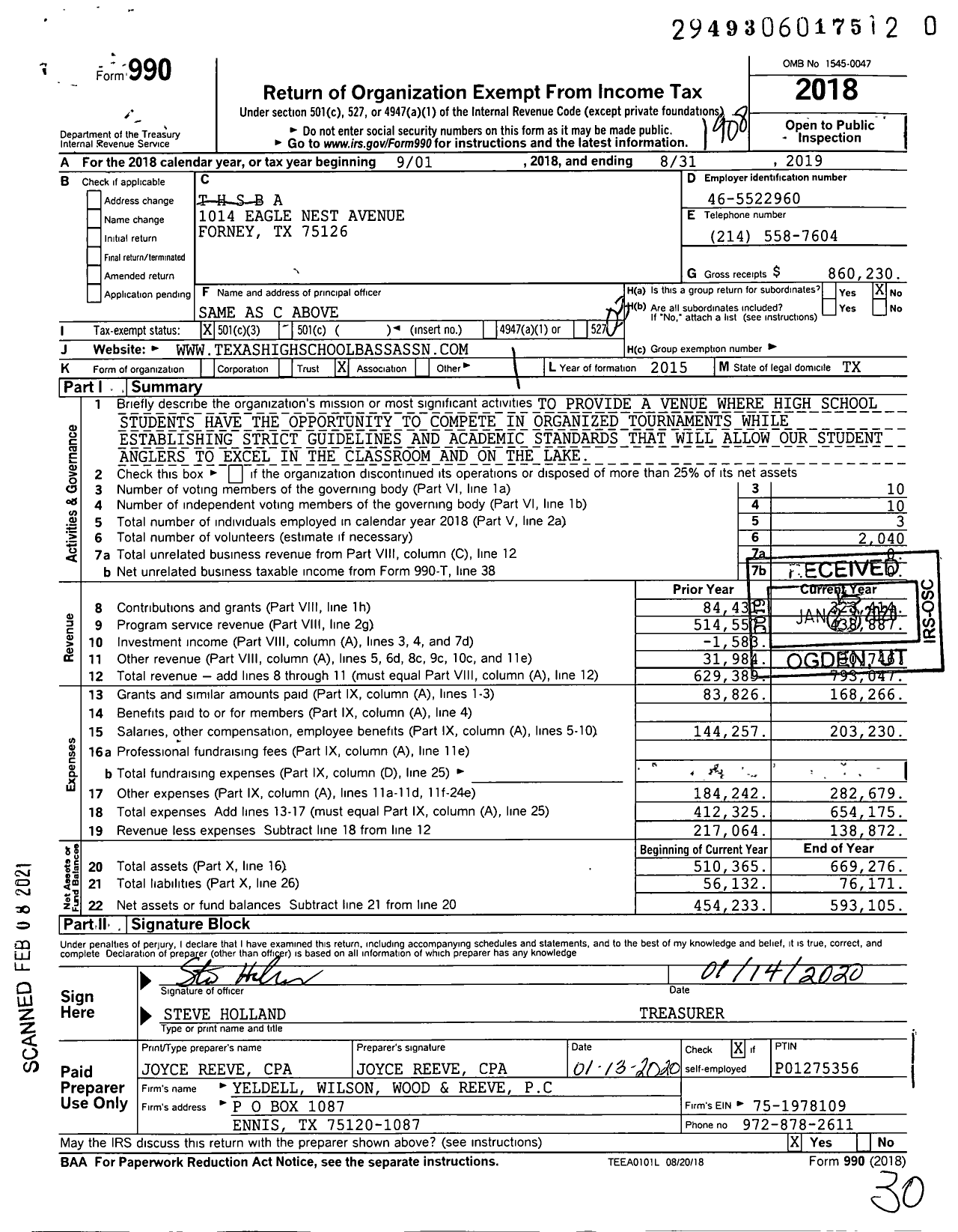 Image of first page of 2018 Form 990 for T H S B A (Thsba)