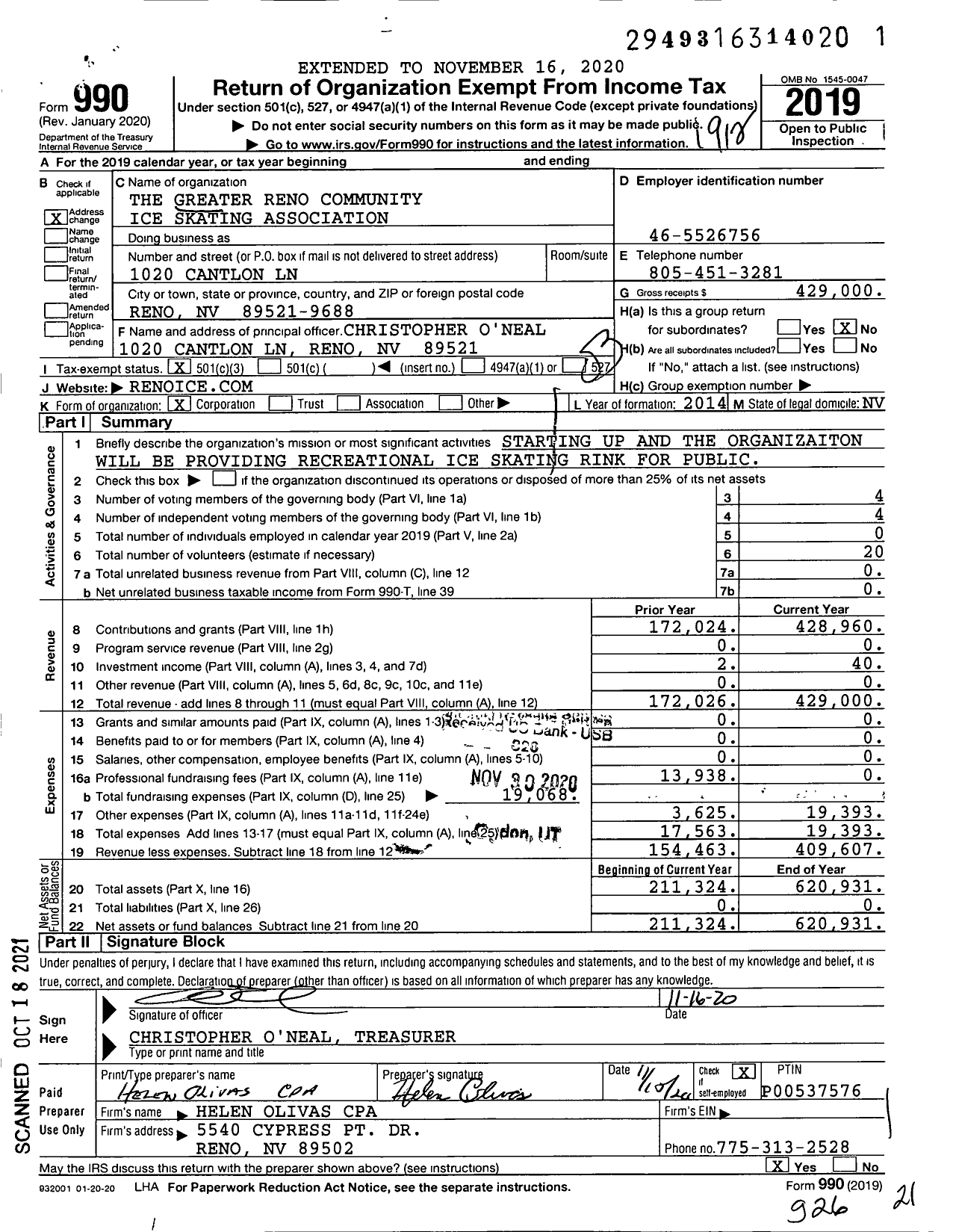 Image of first page of 2019 Form 990 for The Greater Reno Community Ice Skating Association