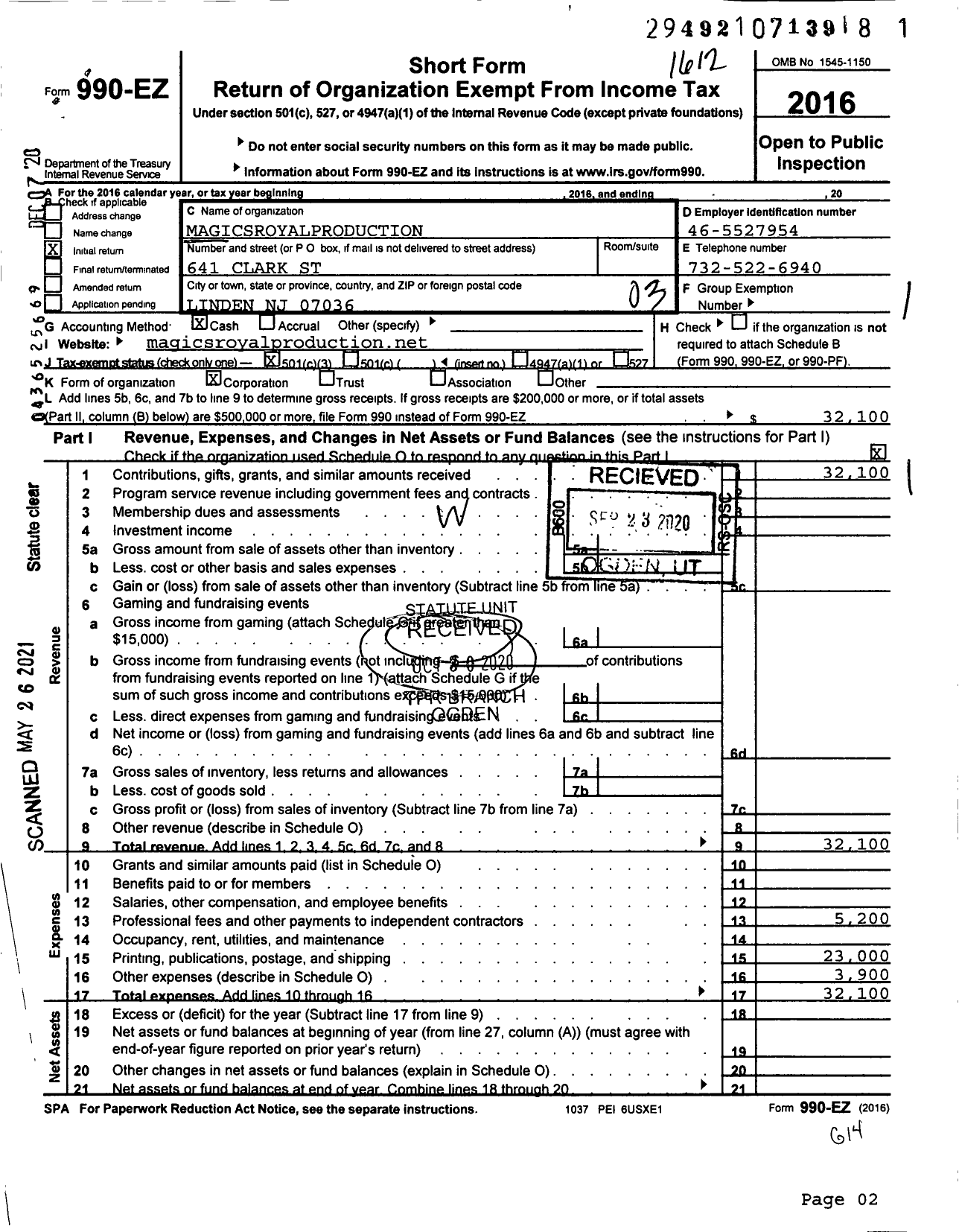 Image of first page of 2016 Form 990EZ for Magic Royal Production