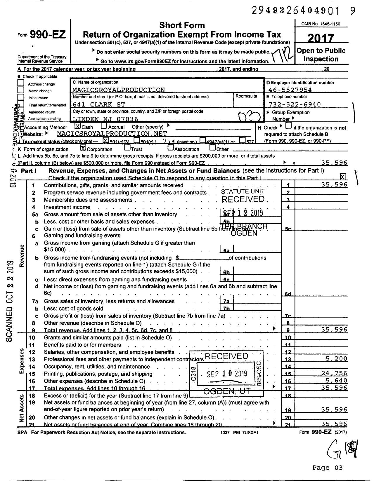 Image of first page of 2017 Form 990EZ for Magic Royal Production