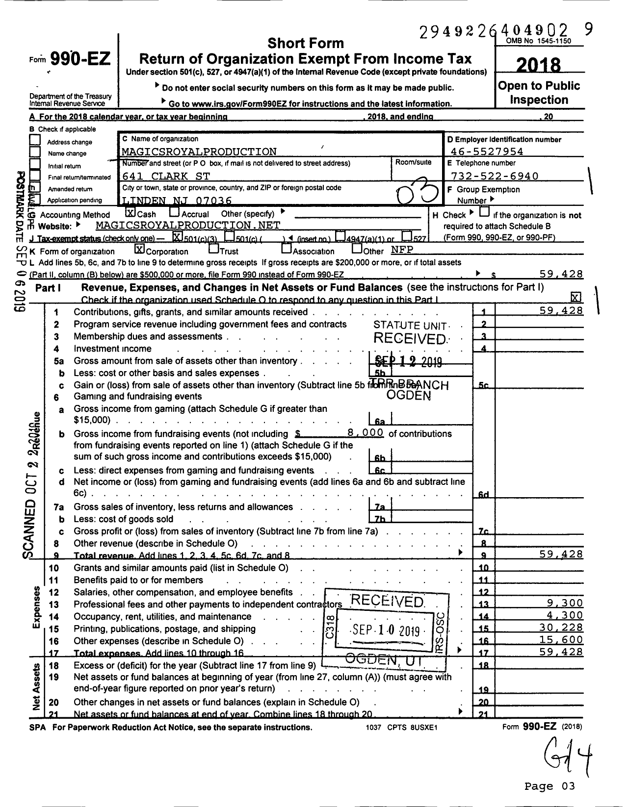 Image of first page of 2018 Form 990EZ for Magic Royal Production