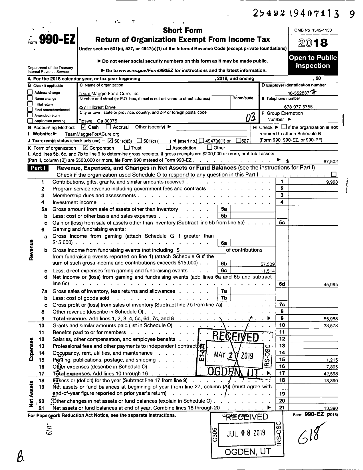 Image of first page of 2018 Form 990EZ for Team Maggie for a Cure