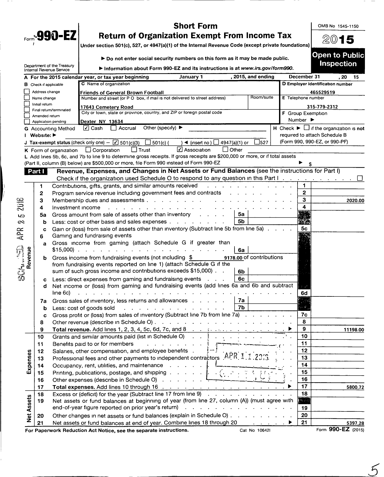 Image of first page of 2015 Form 990EZ for Friends of General Brown Football Club