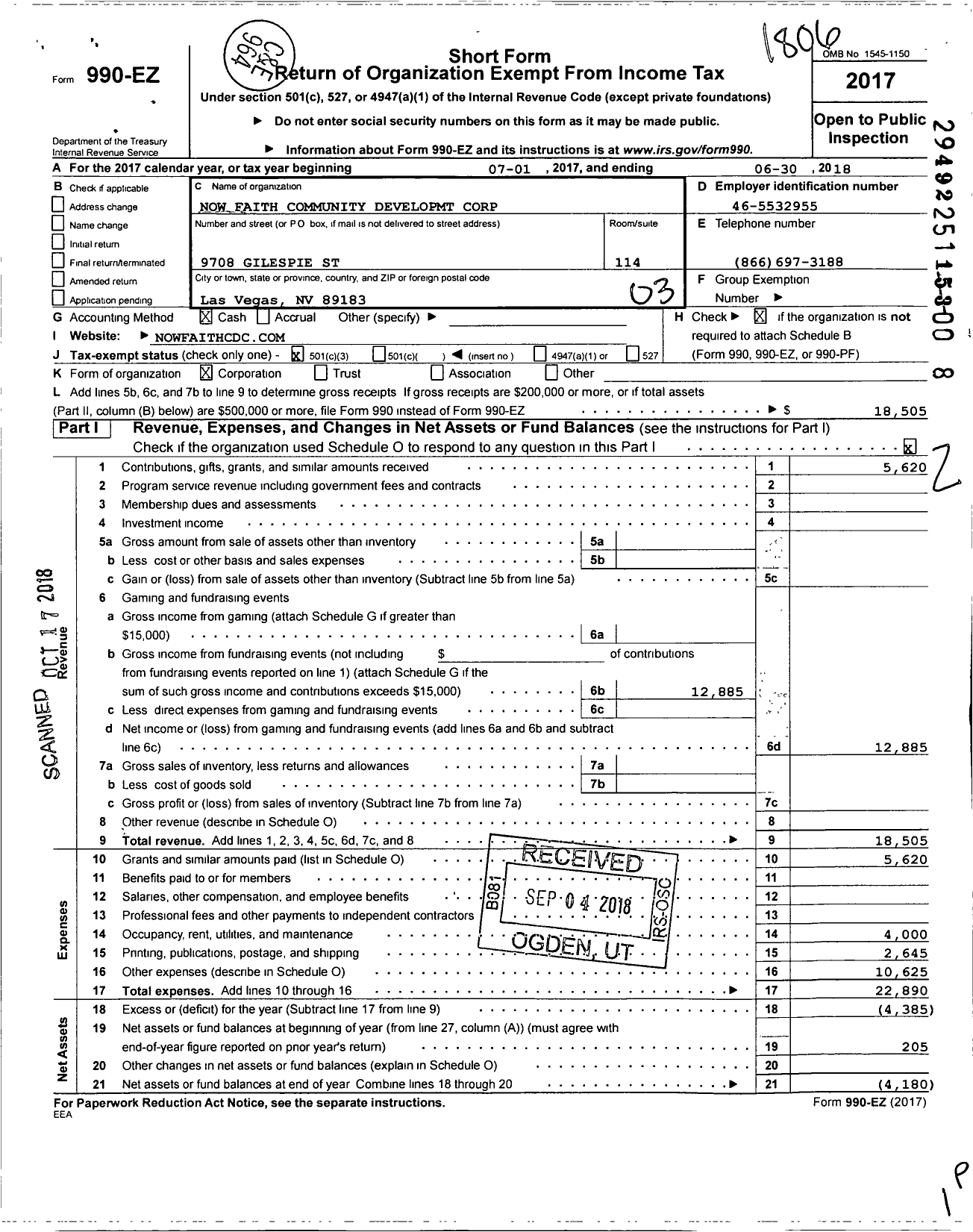 Image of first page of 2017 Form 990EZ for Now Faith Community Developmt Corporation