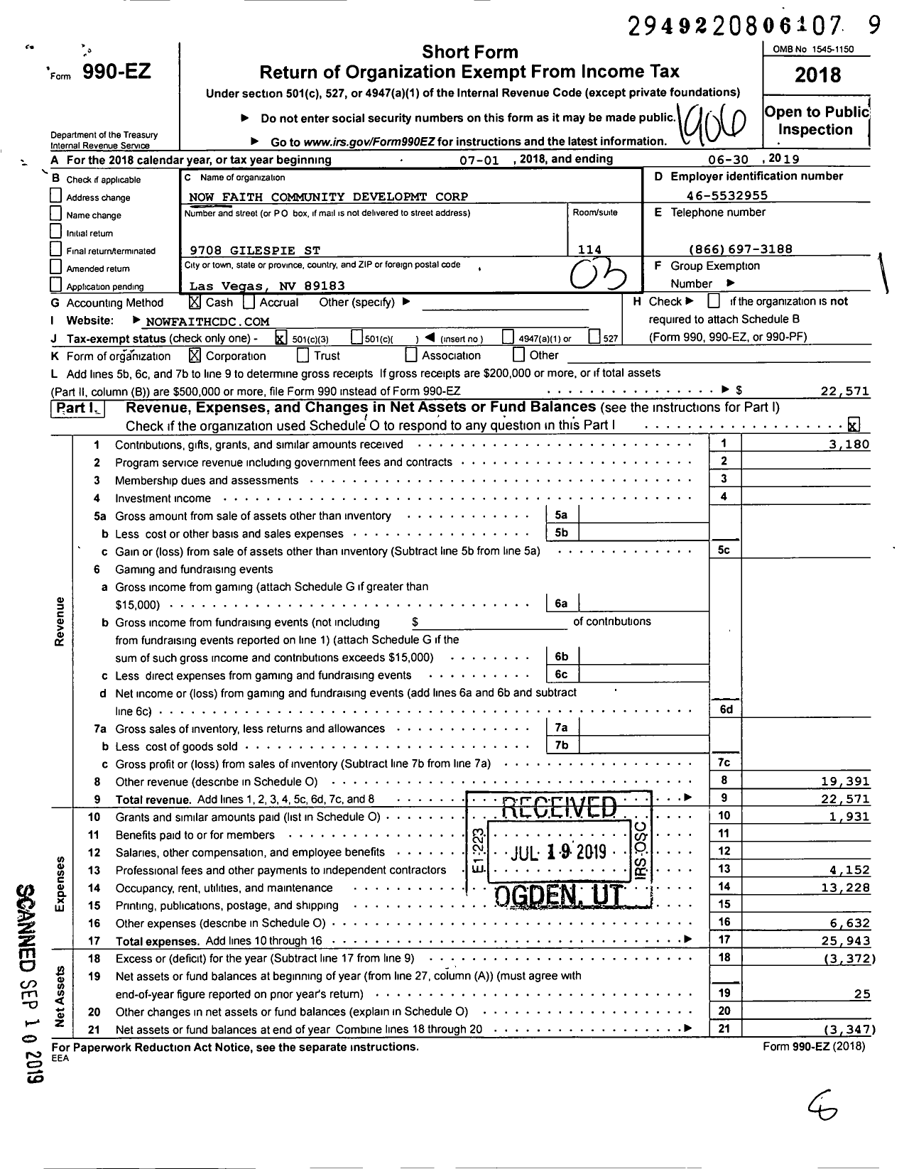 Image of first page of 2018 Form 990EZ for Now Faith Community Developmt Corporation