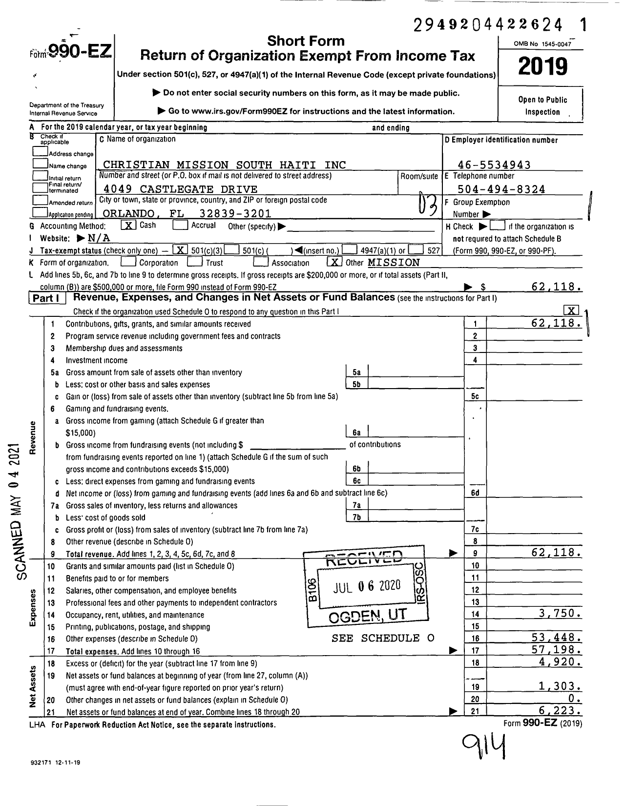 Image of first page of 2019 Form 990EZ for Christian Mission South Haiti (CMSH)