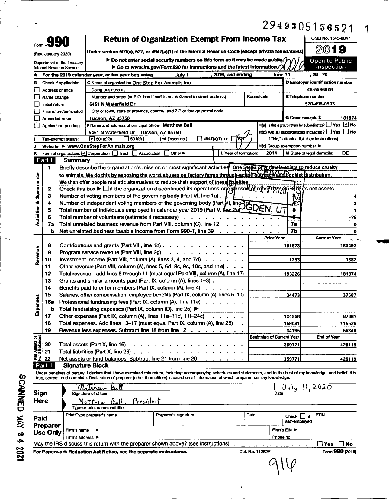 Image of first page of 2019 Form 990 for One Step for Animals