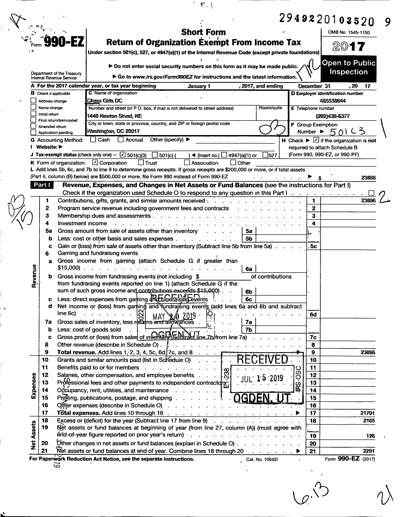 Image of first page of 2017 Form 990EZ for Chess Girls DC