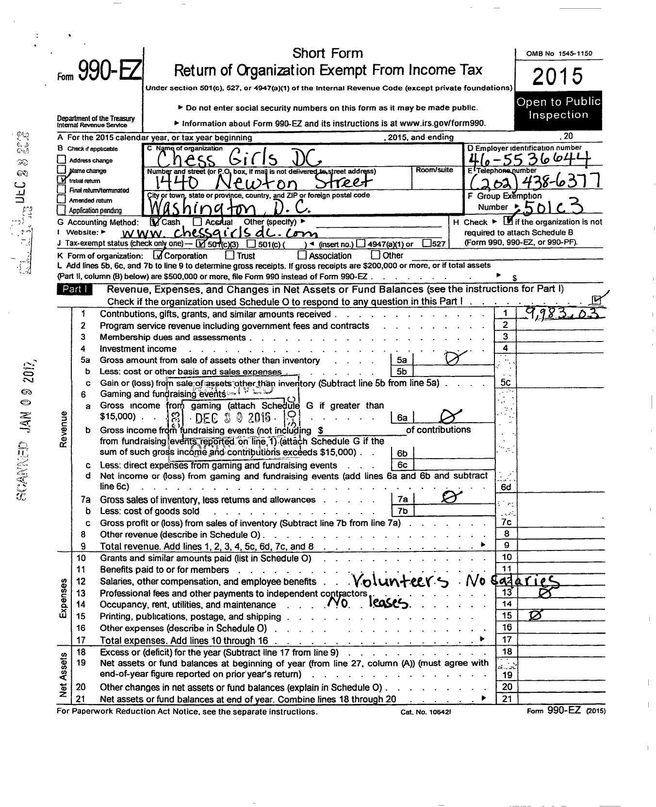 Image of first page of 2015 Form 990EZ for Chess Girls DC