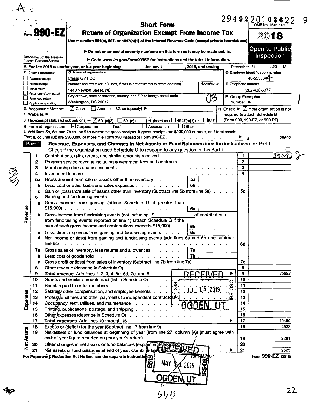 Image of first page of 2018 Form 990EZ for Chess Girls DC