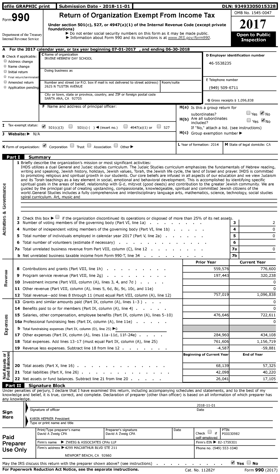 Image of first page of 2017 Form 990 for Irvine Hebrew Day School