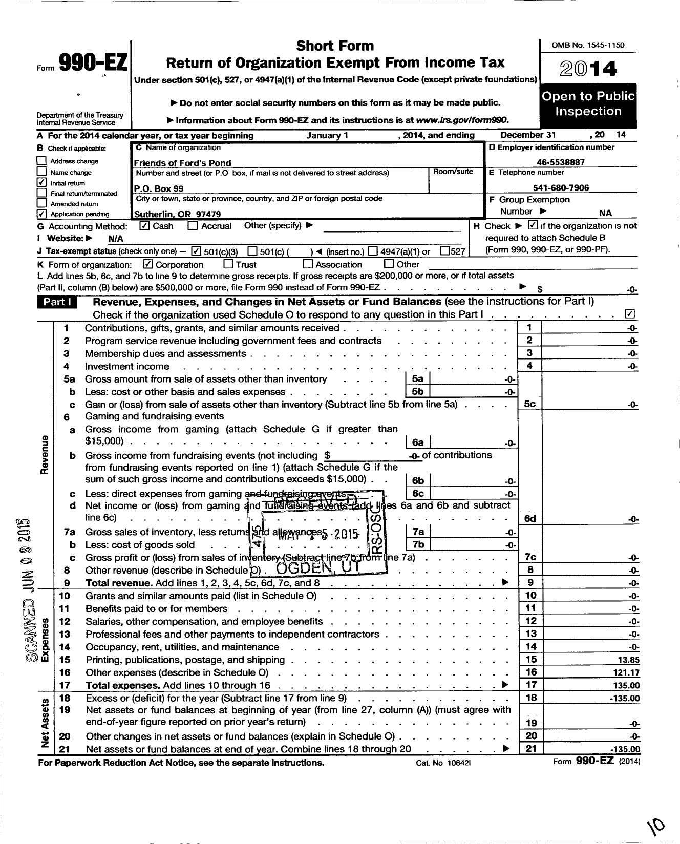 Image of first page of 2014 Form 990EZ for Friends of Fords Pond