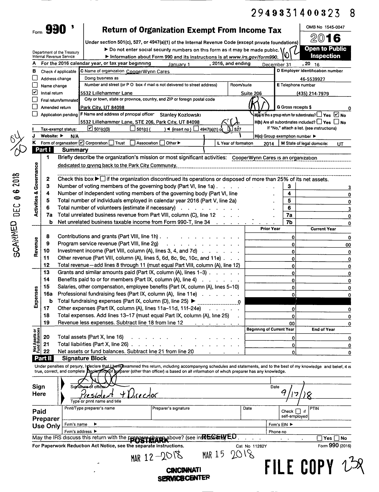 Image of first page of 2016 Form 990O for Cooperwynn Cares