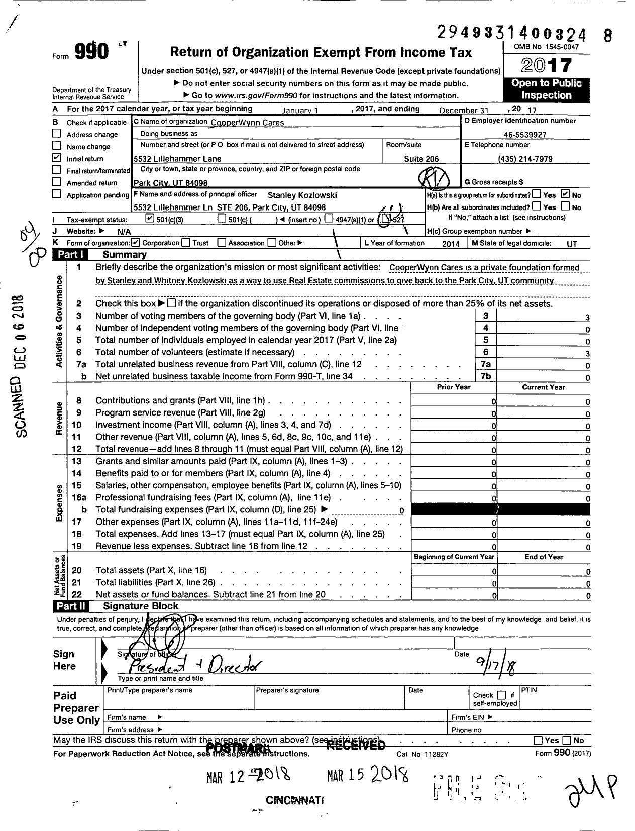 Image of first page of 2017 Form 990O for Cooperwynn Cares