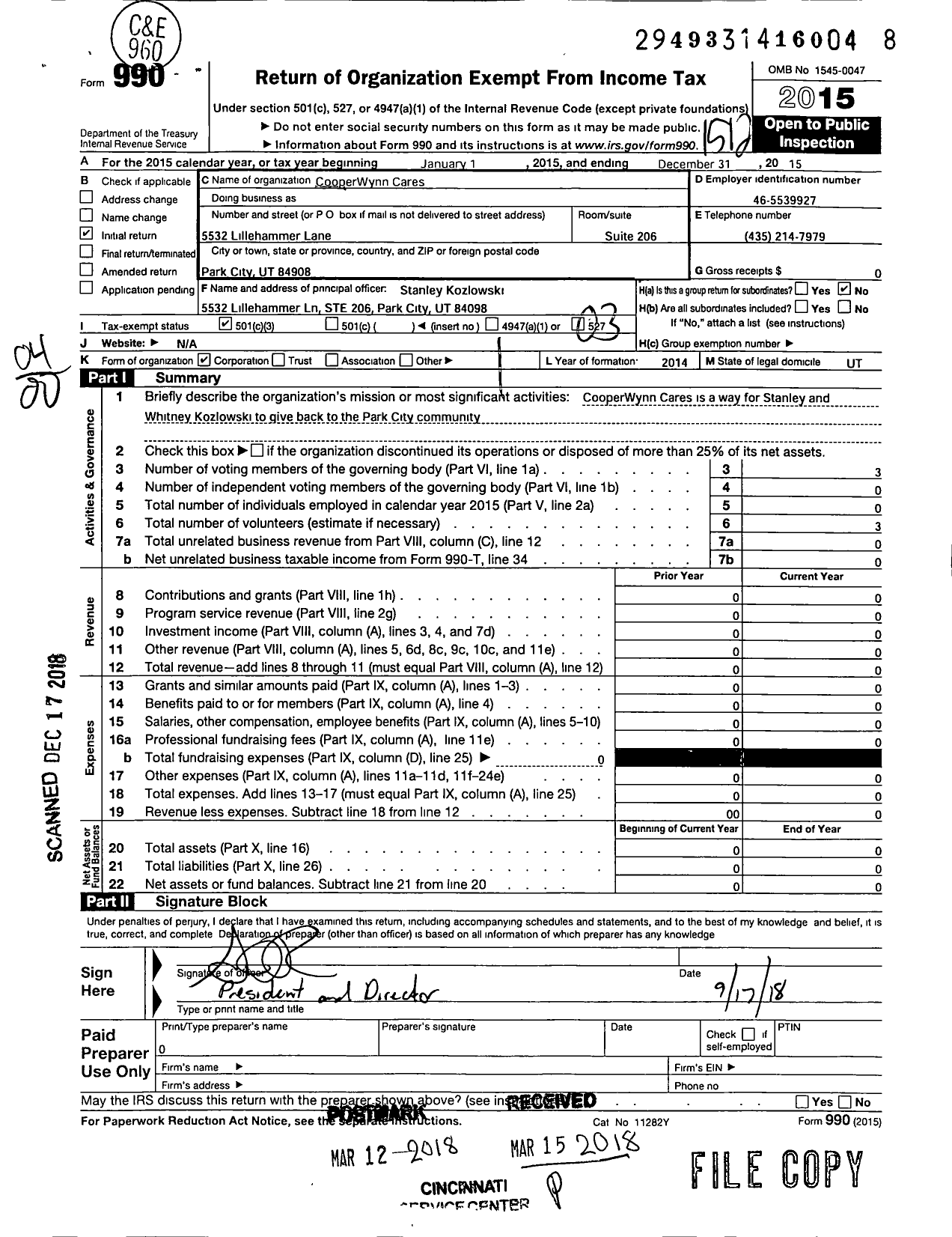 Image of first page of 2015 Form 990 for Cooperwynn Cares