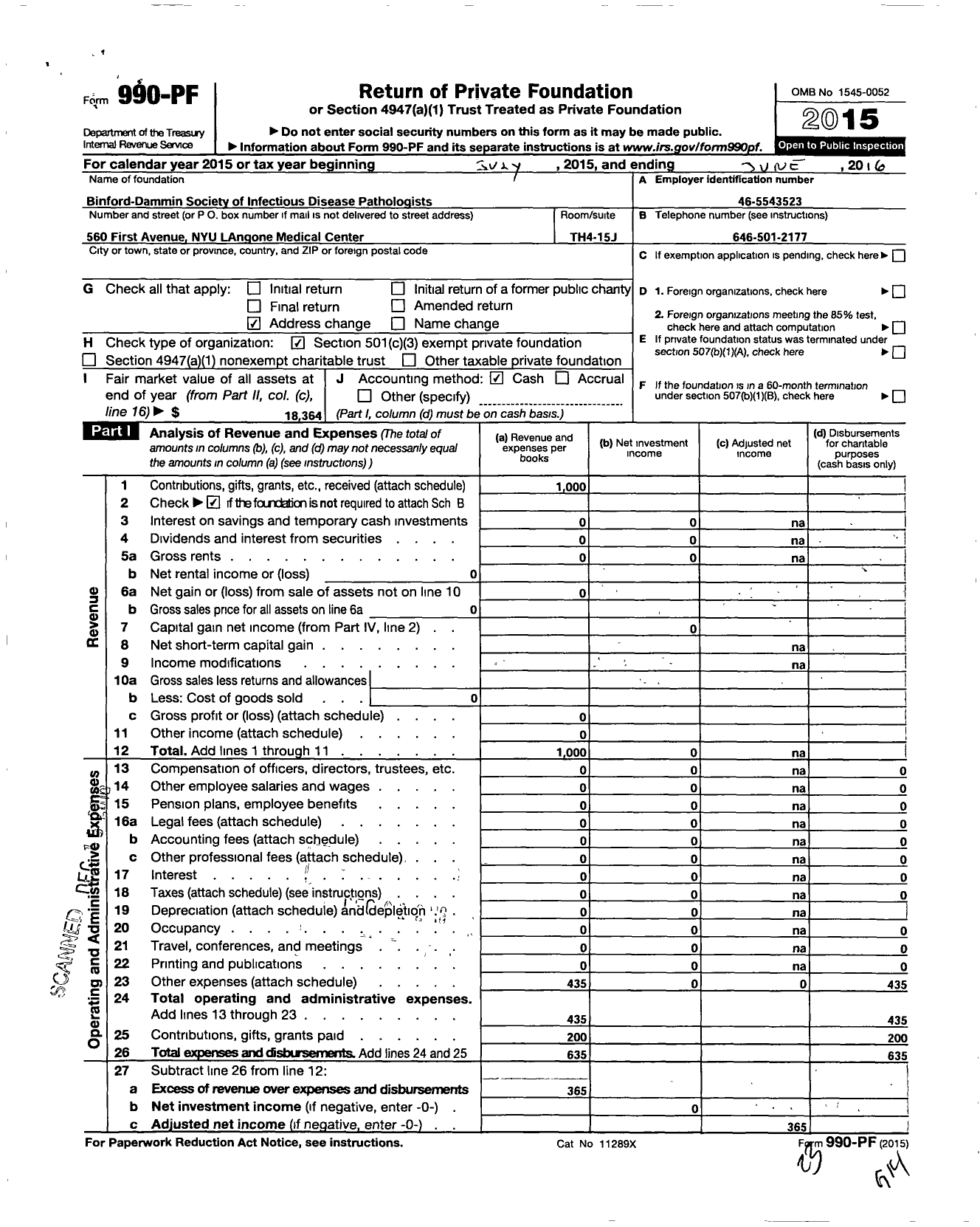 Image of first page of 2015 Form 990PF for Binford-Dammin Society-Infectious Disease Pathologists