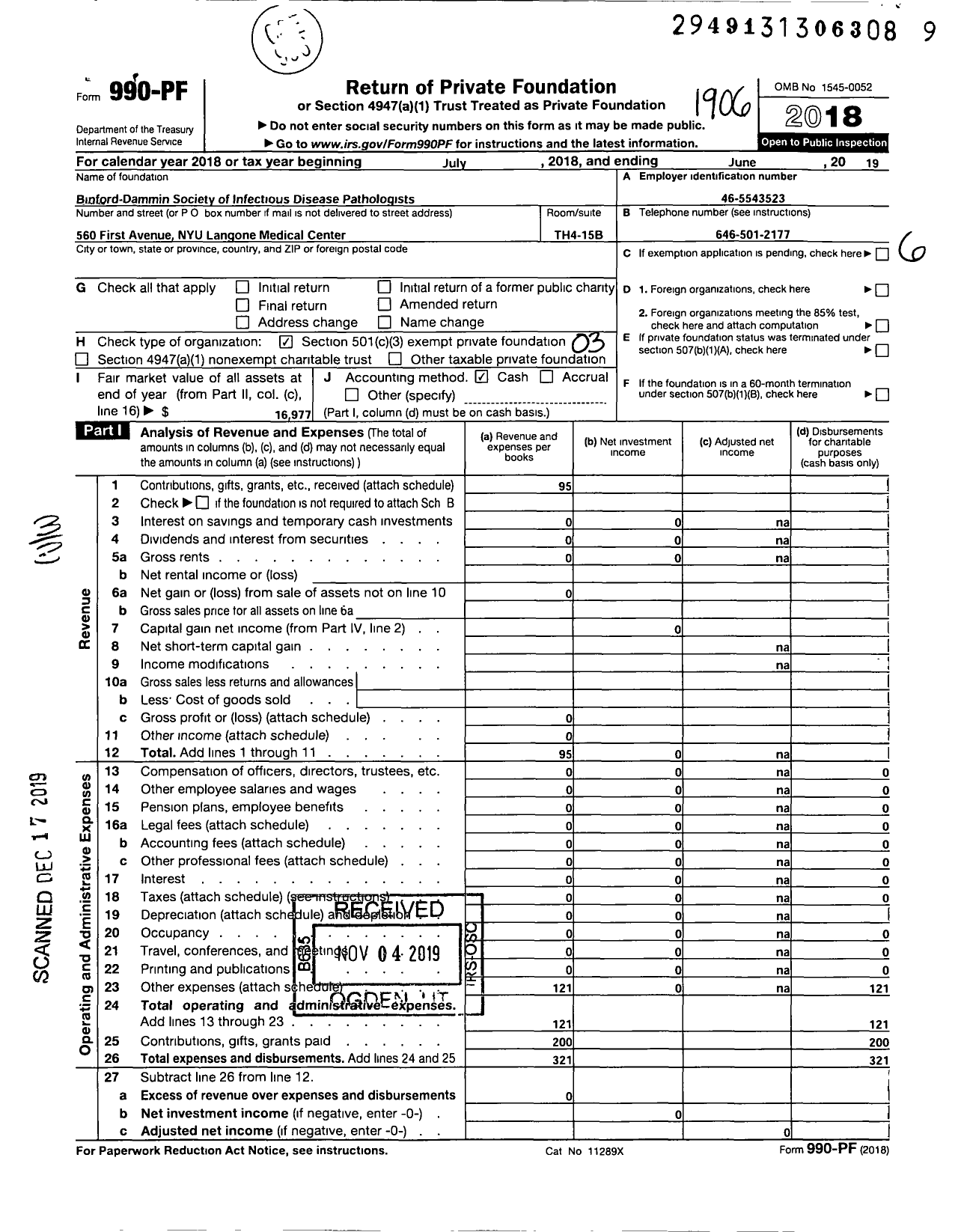 Image of first page of 2018 Form 990PF for Binford-Dammin Society-Infectious Disease Pathologists