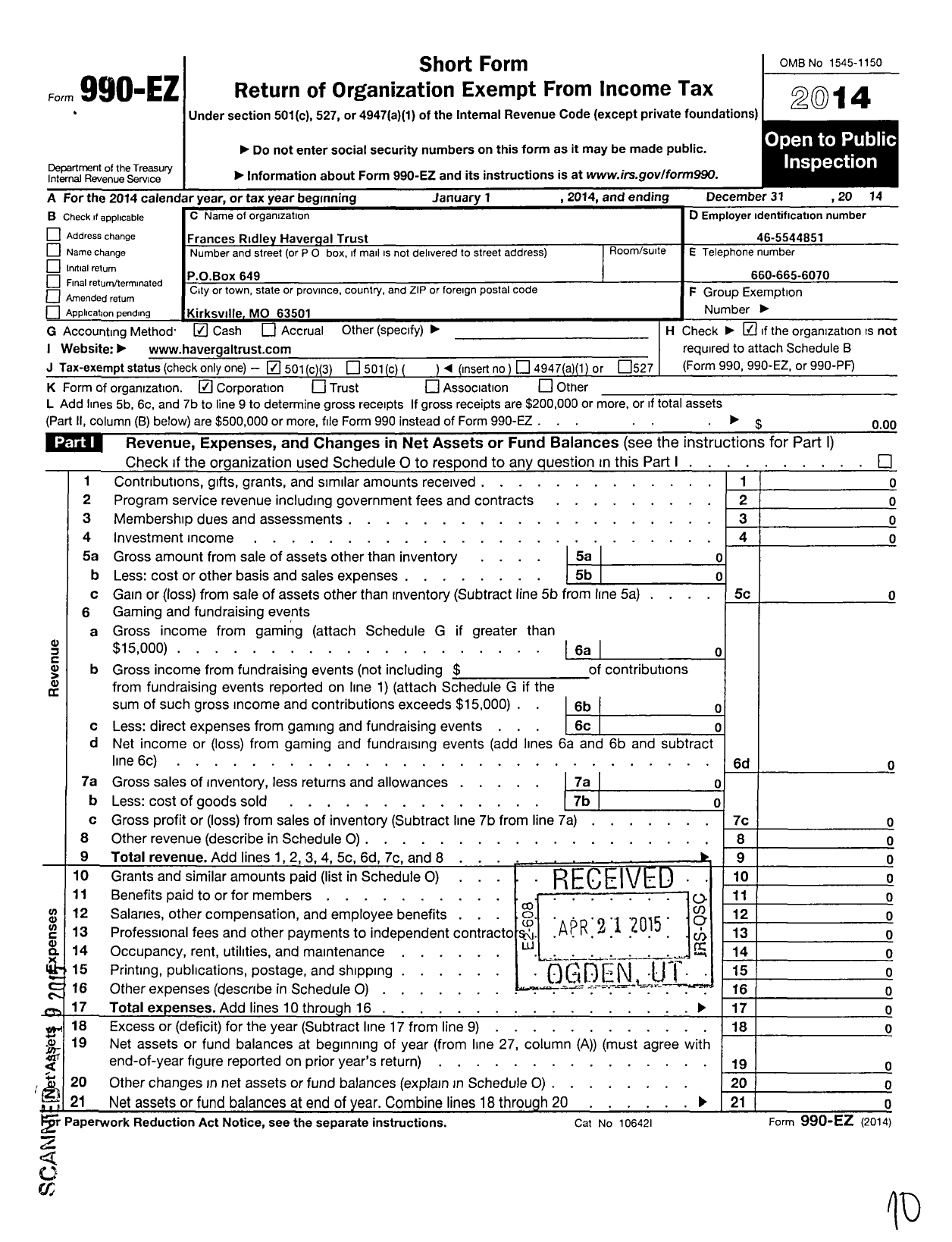 Image of first page of 2014 Form 990EZ for The Frances Ridley Havergal Trust