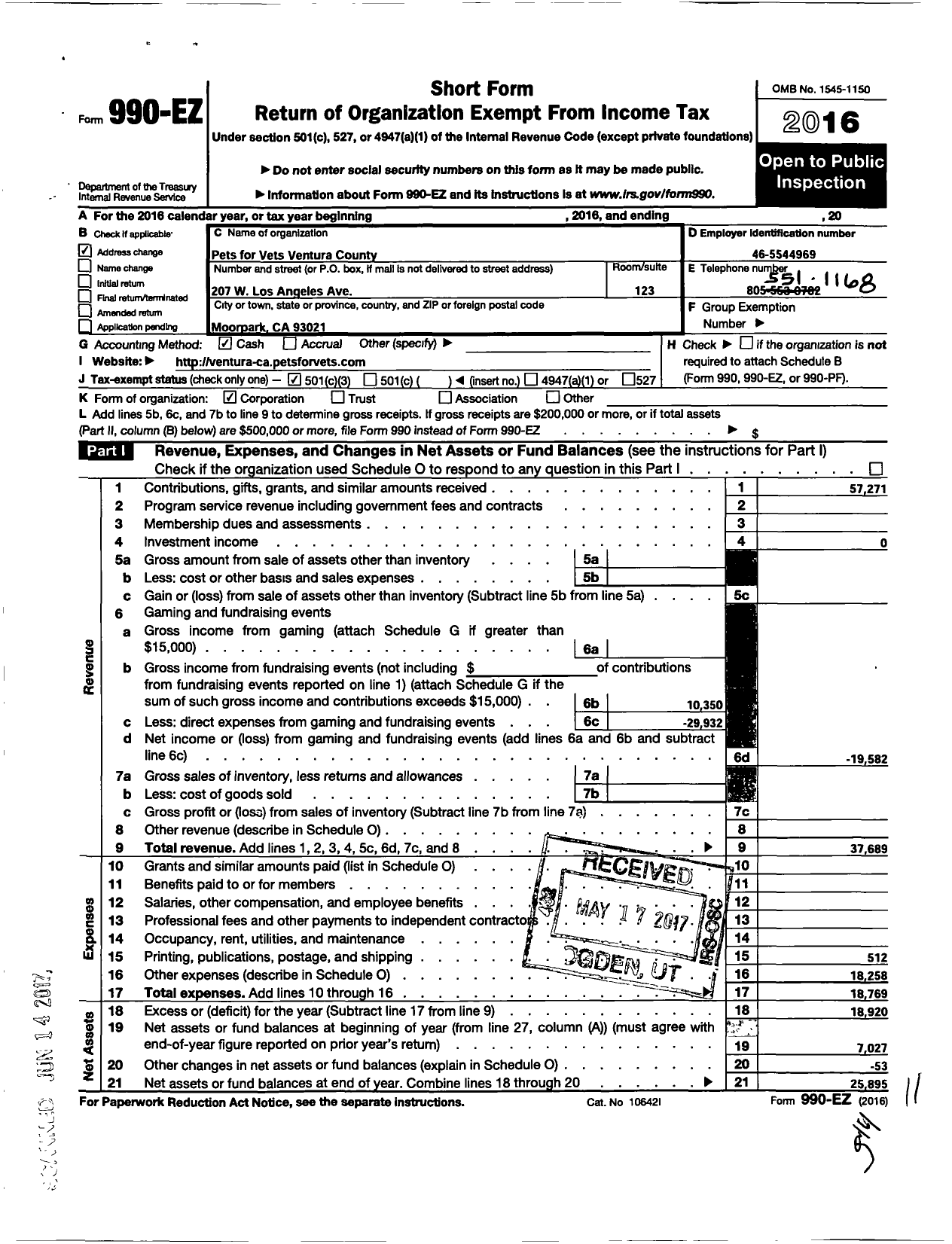 Image of first page of 2016 Form 990EZ for Military Animal Project