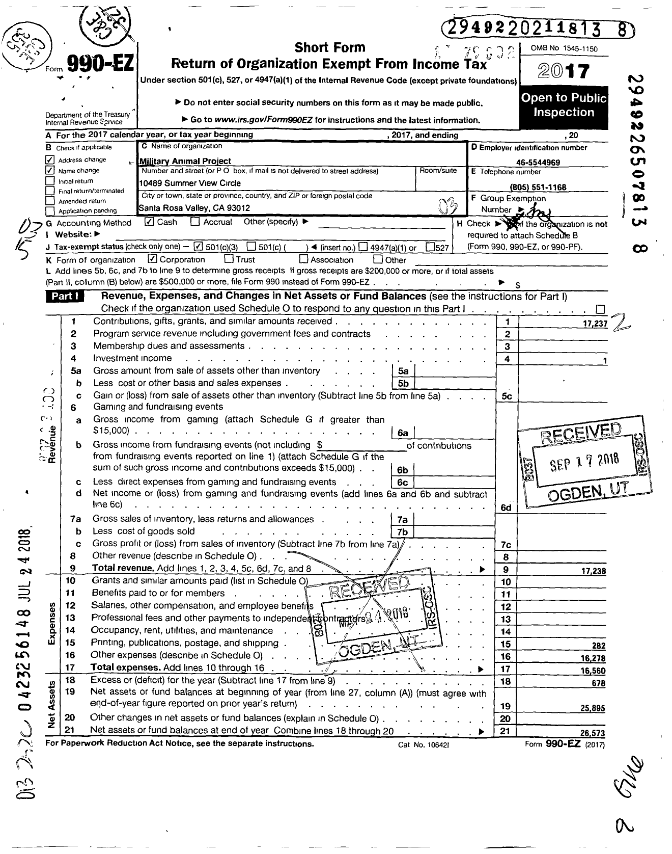 Image of first page of 2017 Form 990EZ for Military Animal Project