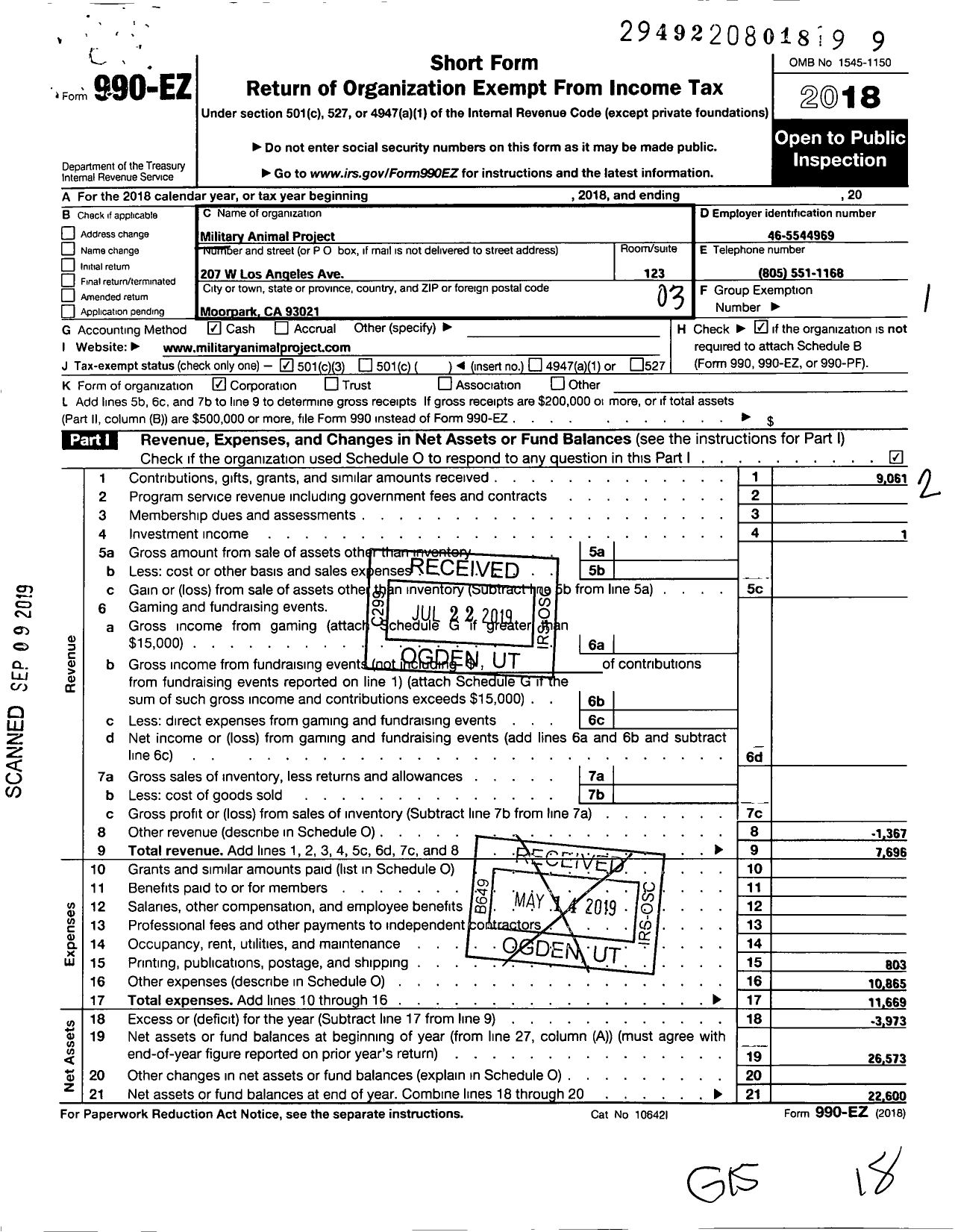 Image of first page of 2018 Form 990EZ for Military Animal Project