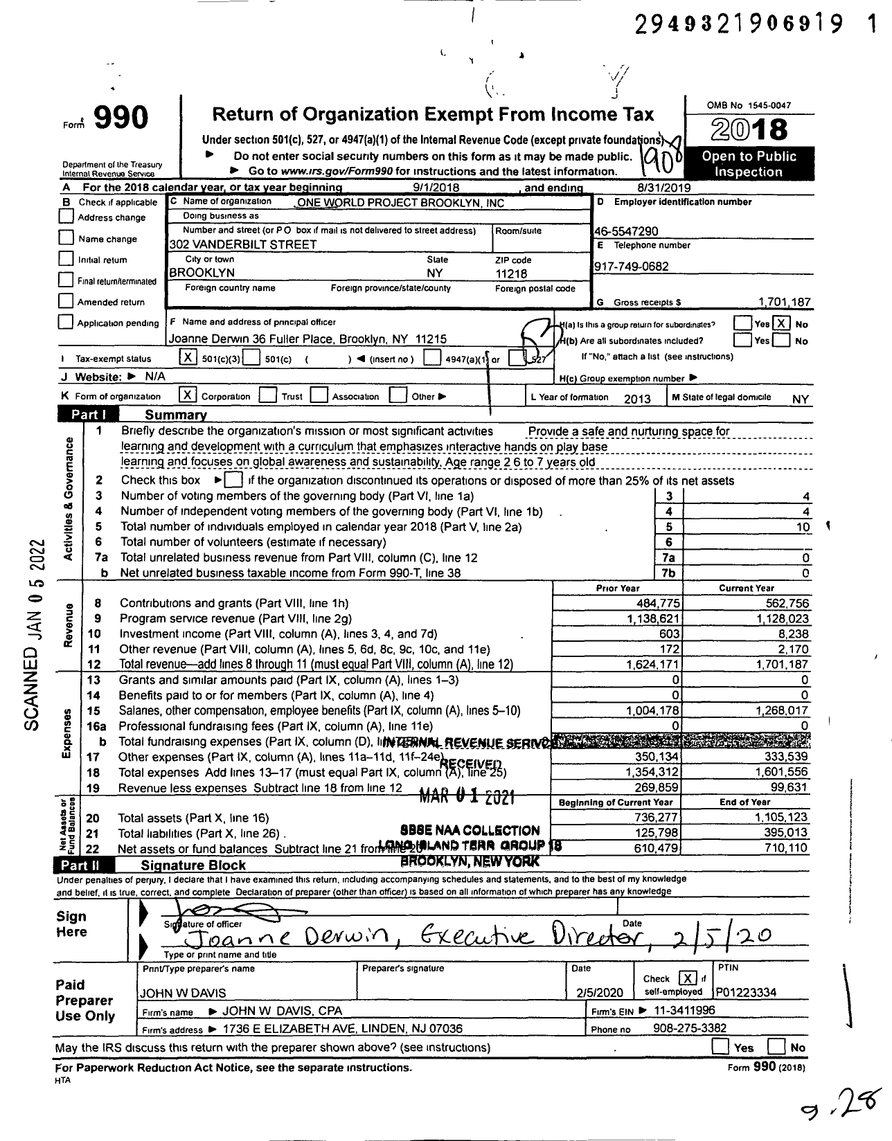 Image of first page of 2018 Form 990 for One World Project Brooklyn