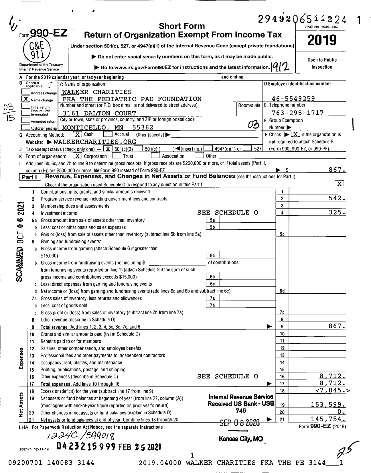 Image of first page of 2019 Form 990EZ for Walker Charities