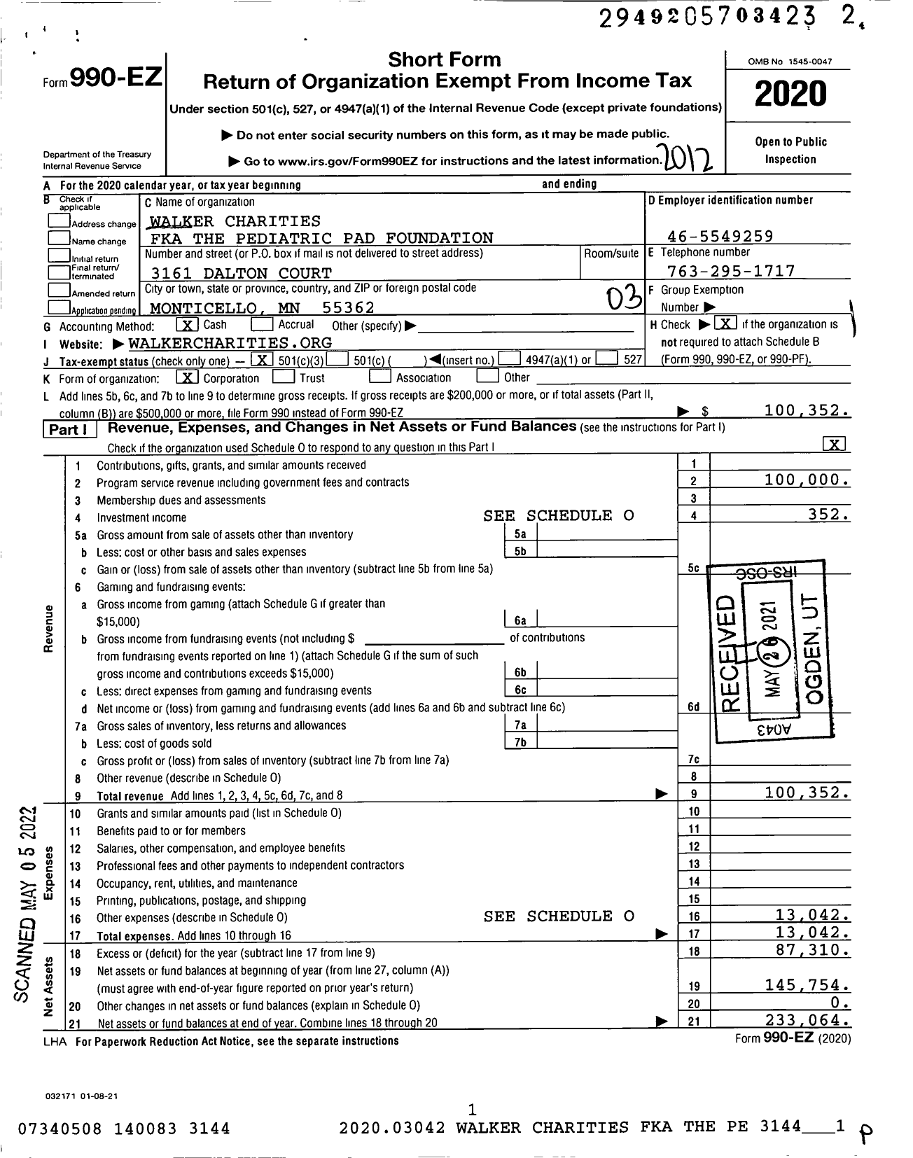 Image of first page of 2020 Form 990EZ for Walker Charities