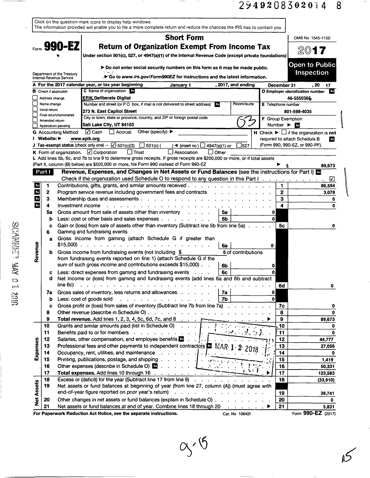 Image of first page of 2017 Form 990EZ for Epik Deliberate Digital