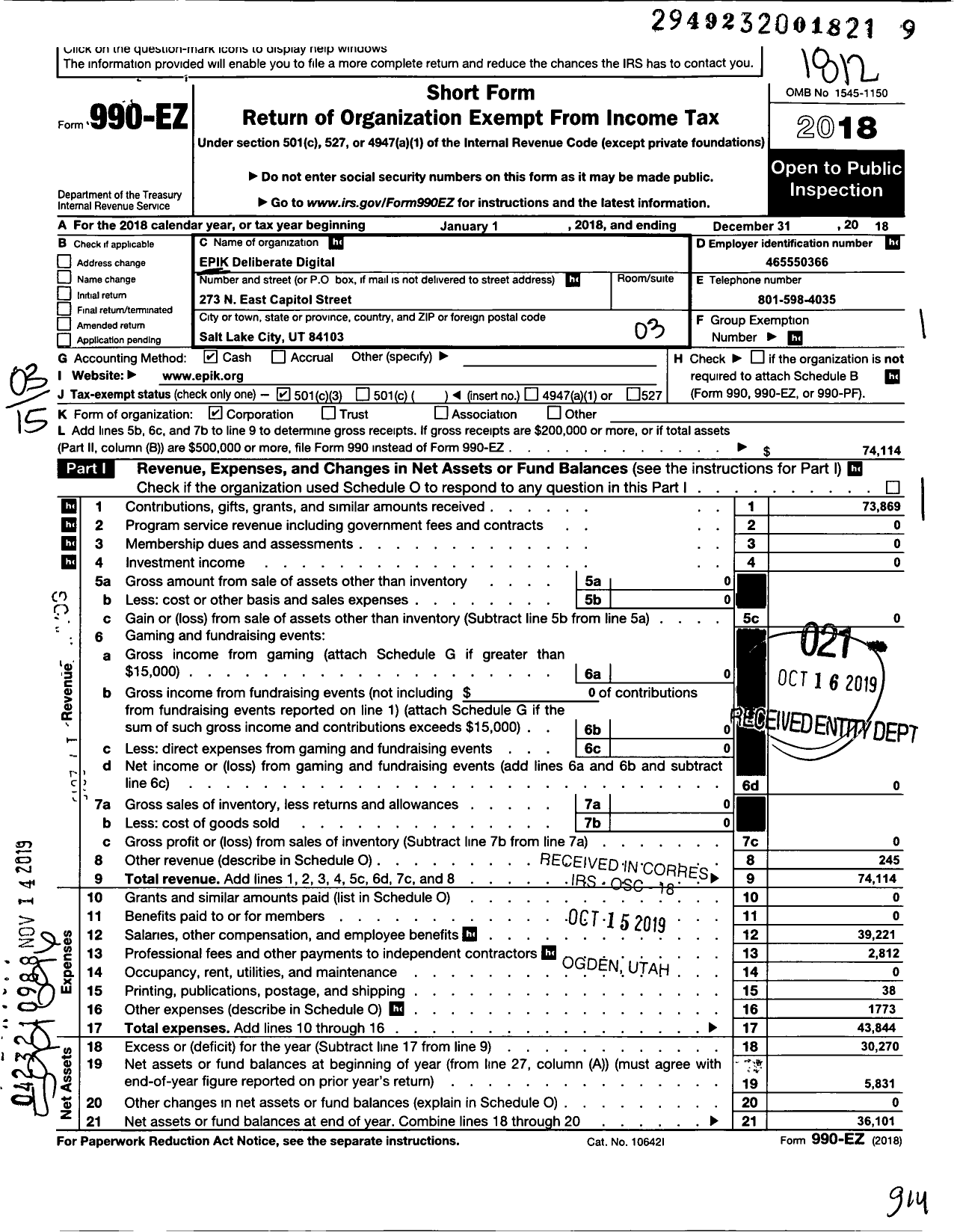 Image of first page of 2018 Form 990EZ for Epik Deliberate Digital