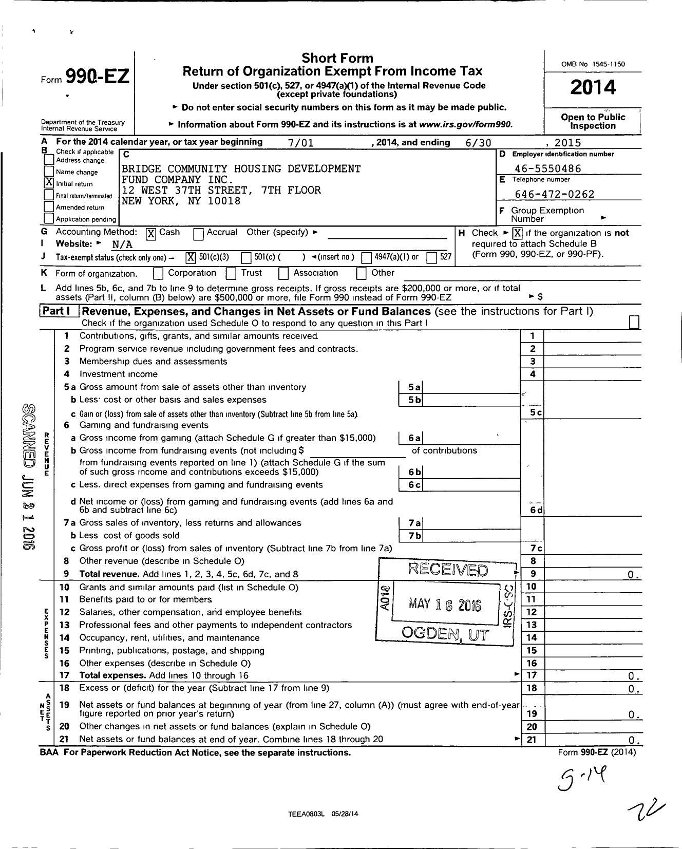 Image of first page of 2014 Form 990EZ for Bridge Community Housing Development Fund Company