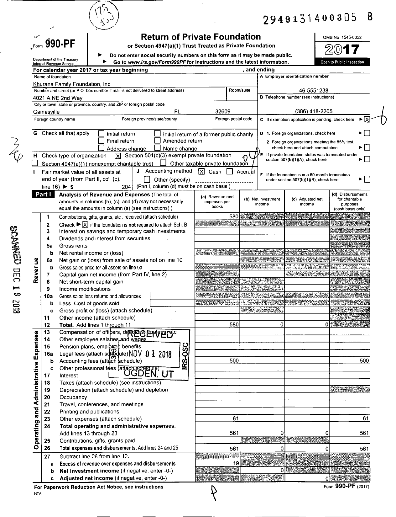 Image of first page of 2017 Form 990PF for Khurana Family Foundation