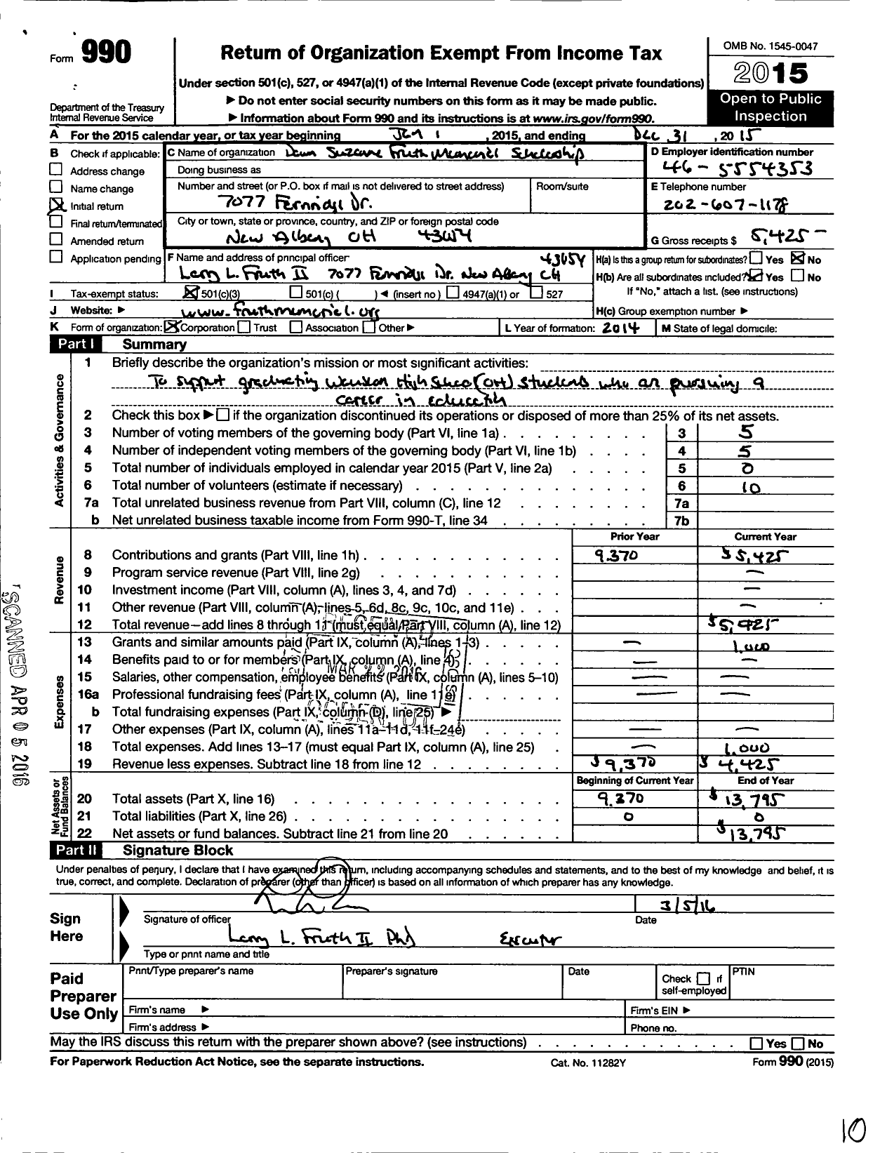 Image of first page of 2015 Form 990 for Dawn Suzanne Fruth Scholarship Fund