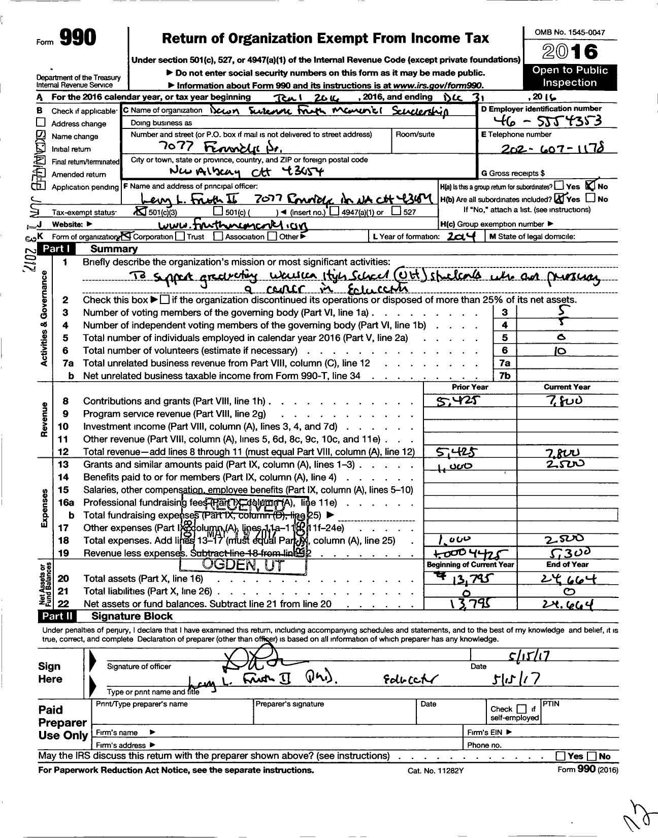 Image of first page of 2016 Form 990 for Dawn Suzanne Fruth Scholarship Fund