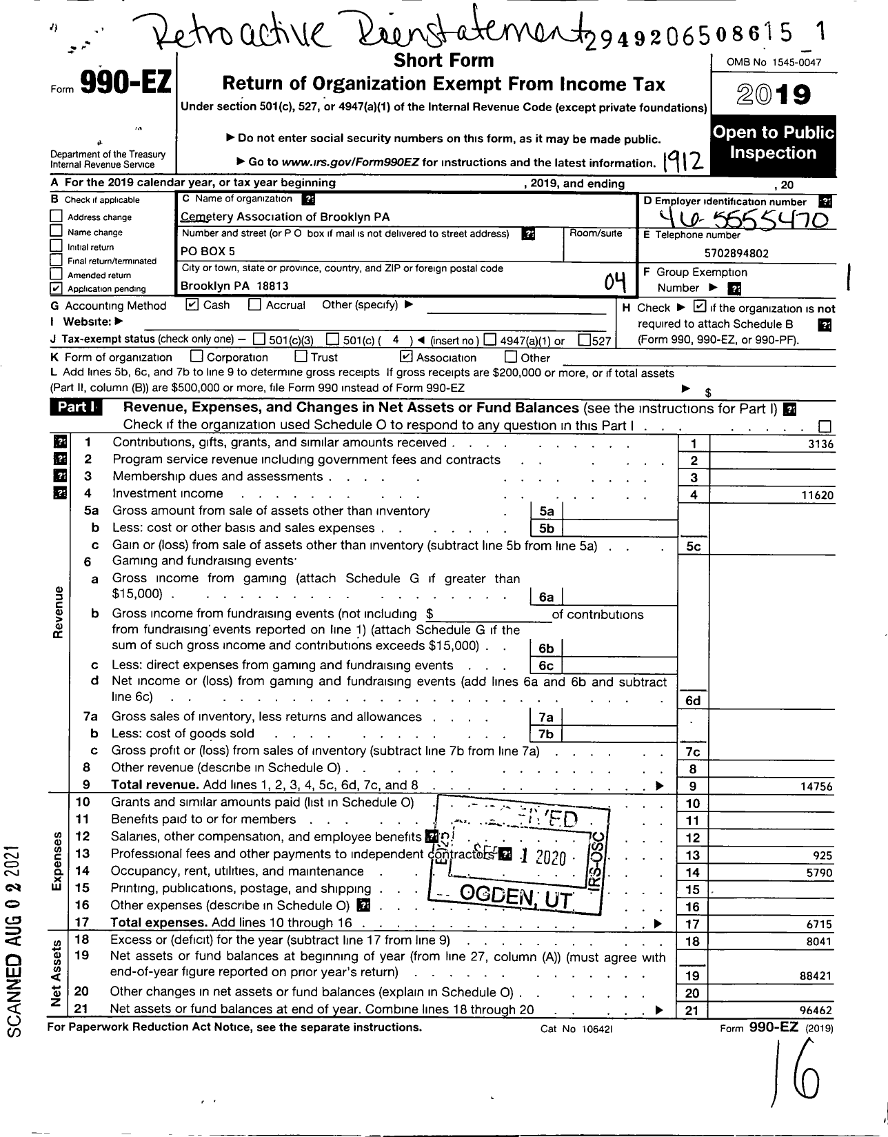 Image of first page of 2019 Form 990EO for Cemetery Association of Brooklyn Pa