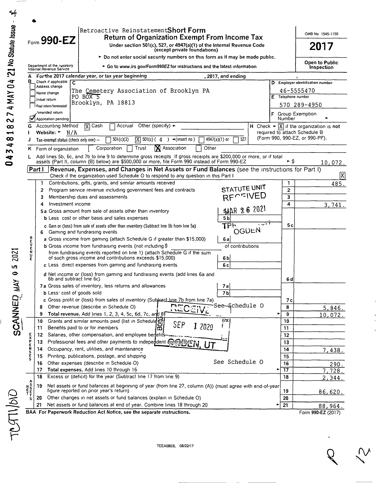 Image of first page of 2017 Form 990EOA for Cemetery Association of Brooklyn Pa