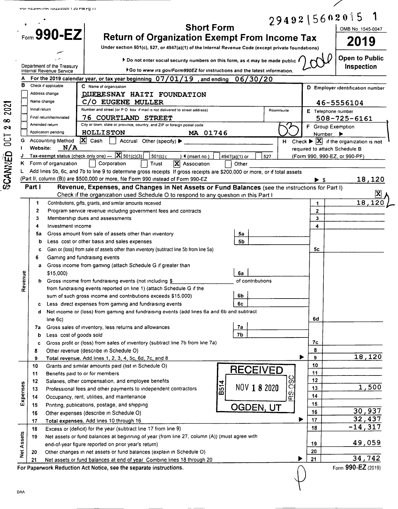 Image of first page of 2019 Form 990EZ for Dufresnay Haiti Foundation