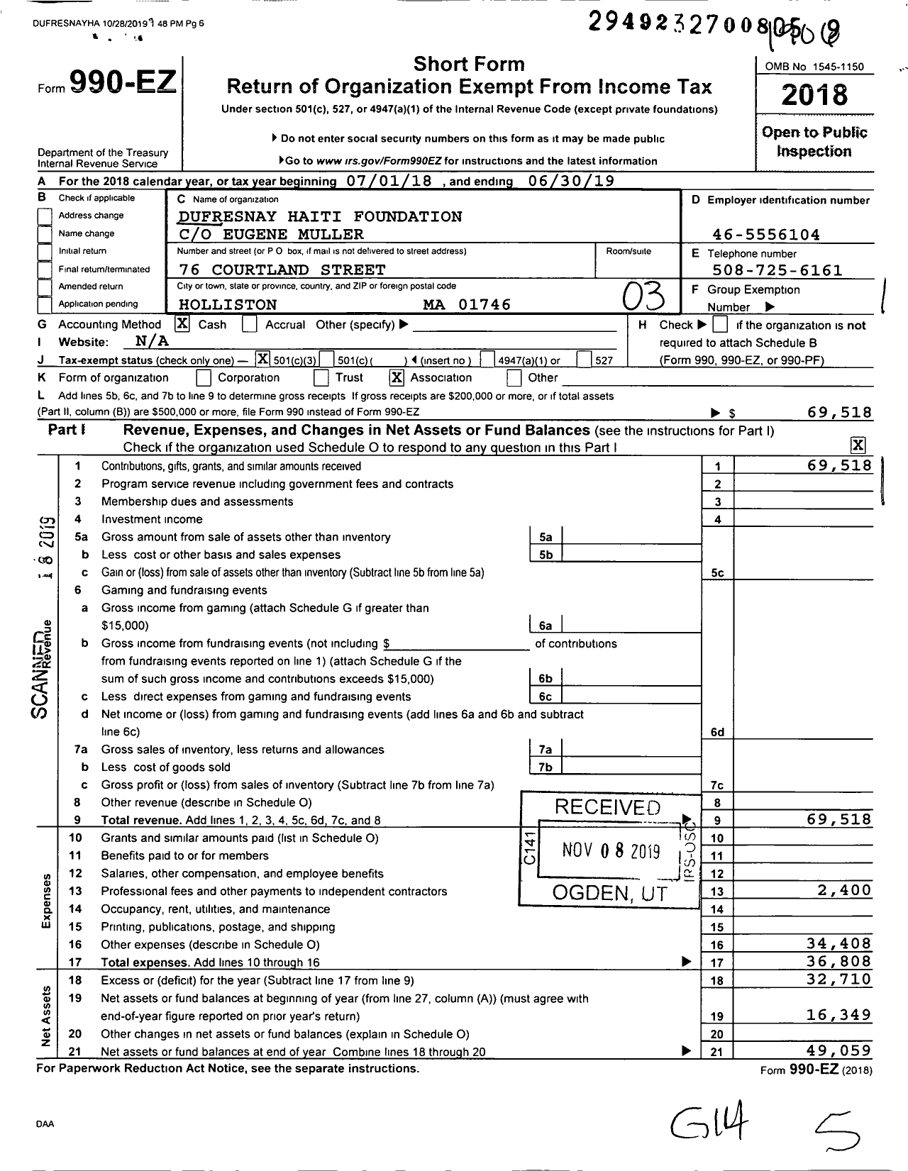 Image of first page of 2018 Form 990EZ for Dufresnay Haiti Foundation