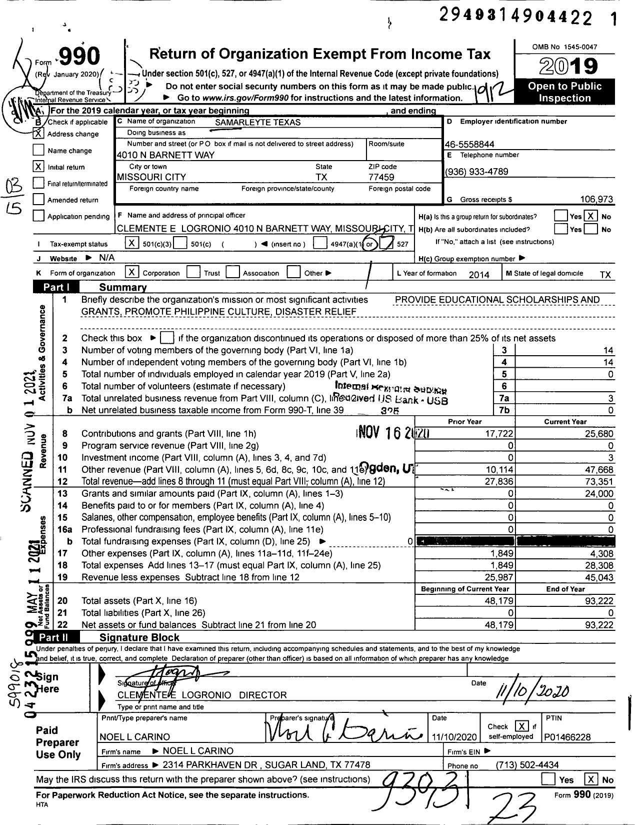 Image of first page of 2019 Form 990 for Samarleyte Texas