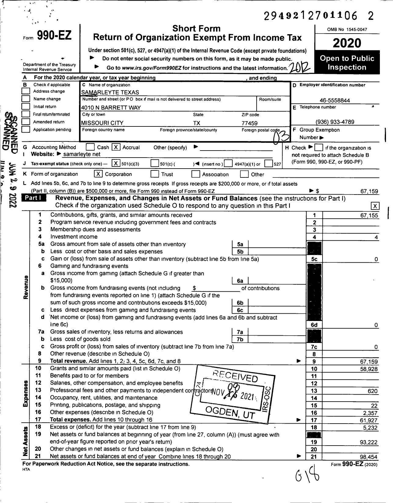 Image of first page of 2020 Form 990EZ for Samarleyte Texas