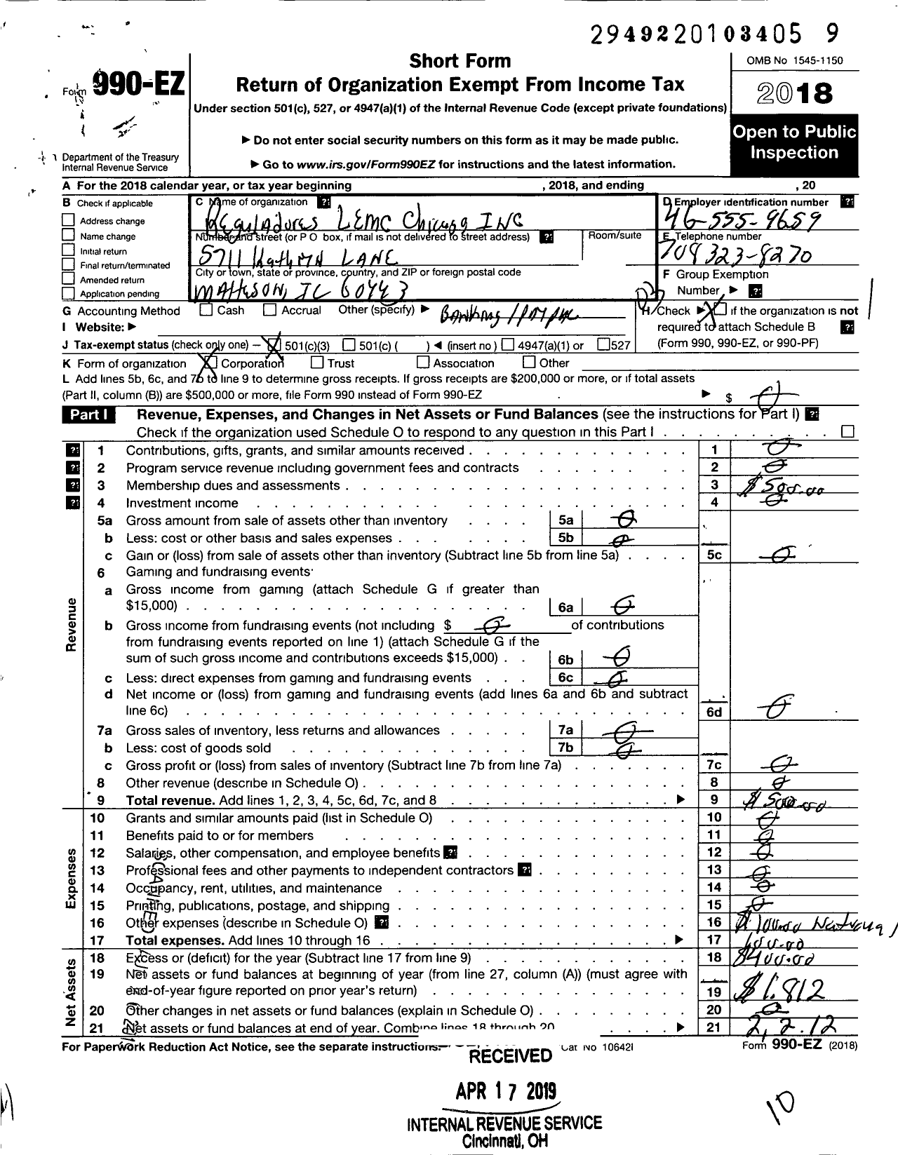 Image of first page of 2018 Form 990EZ for Reguladores Lemc Chicago