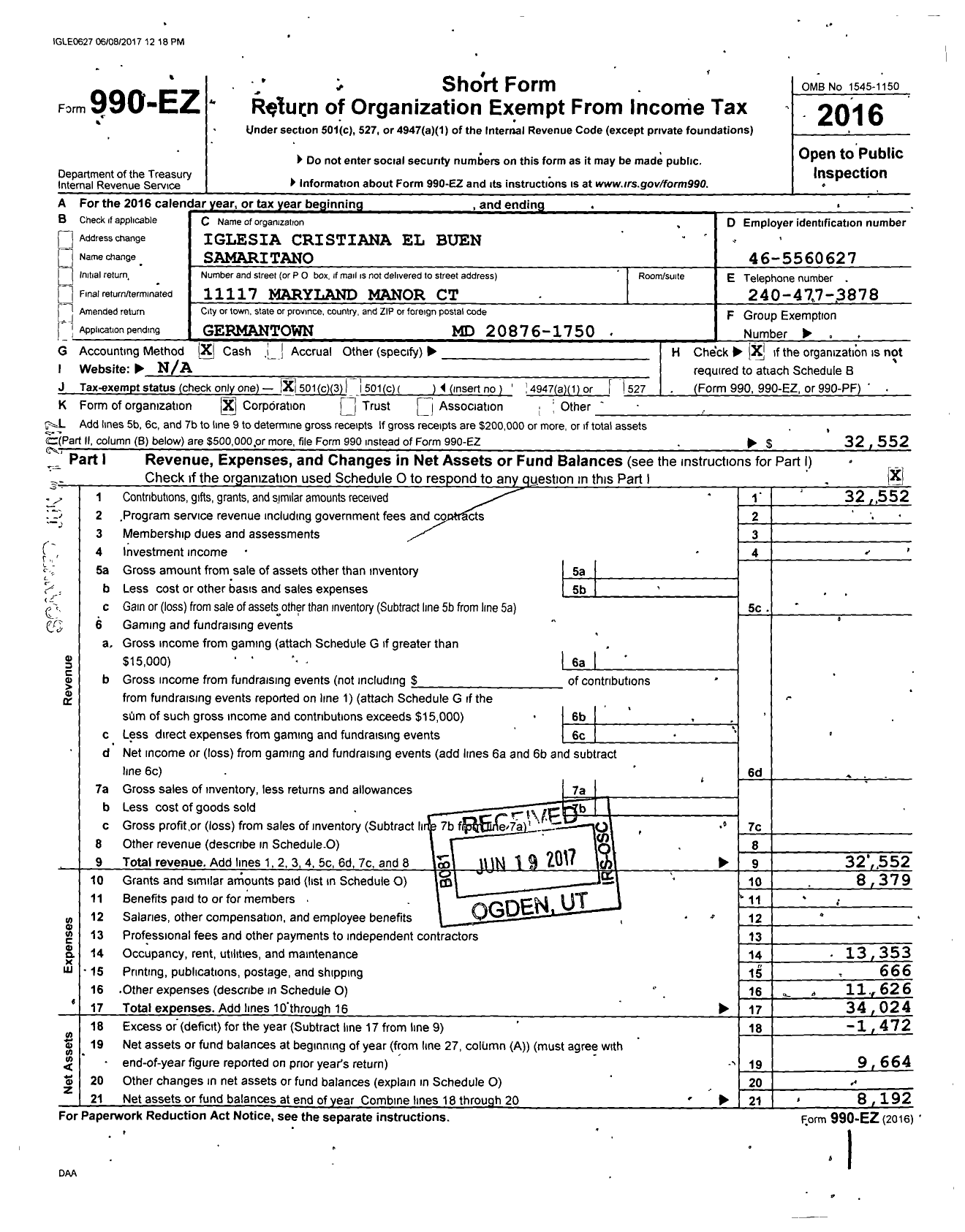 Image of first page of 2016 Form 990EZ for Iglesia Cristiana El Buen Samaritano