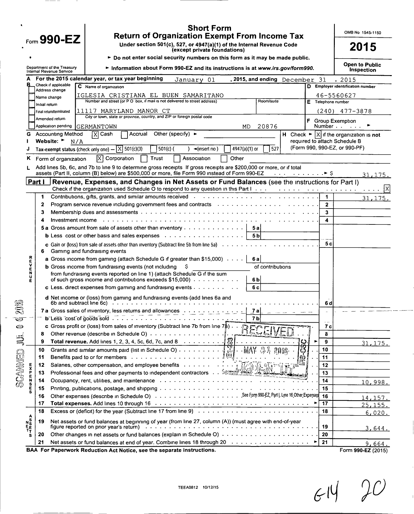 Image of first page of 2015 Form 990EZ for Iglesia Cristiana El Buen Samaritano