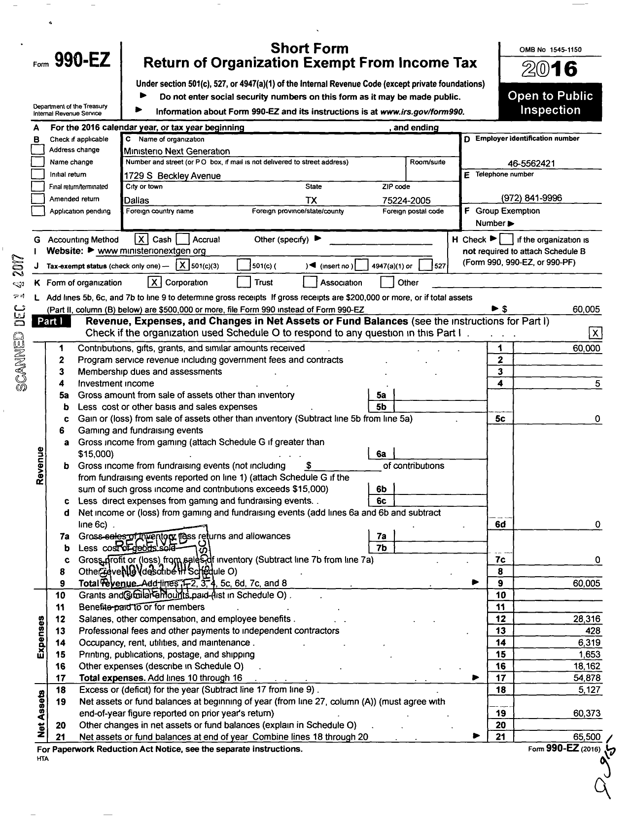 Image of first page of 2016 Form 990EZ for Ministerio Next Generation